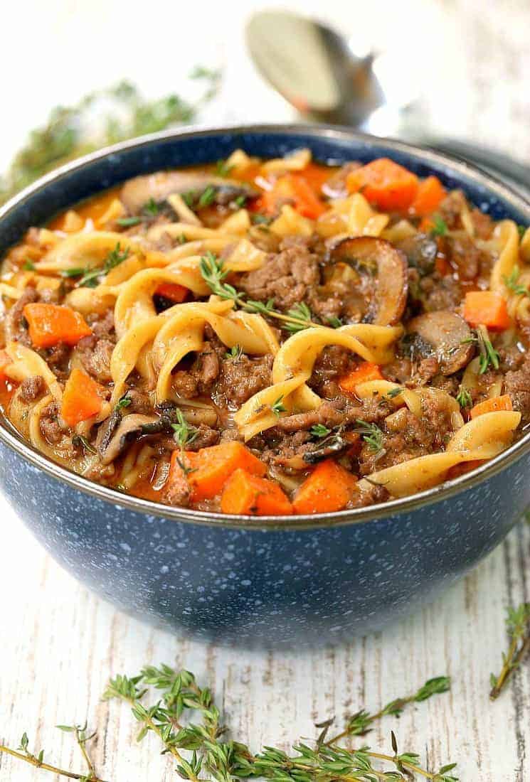 Beef Burgundy Mushroom Soup in blue bowl