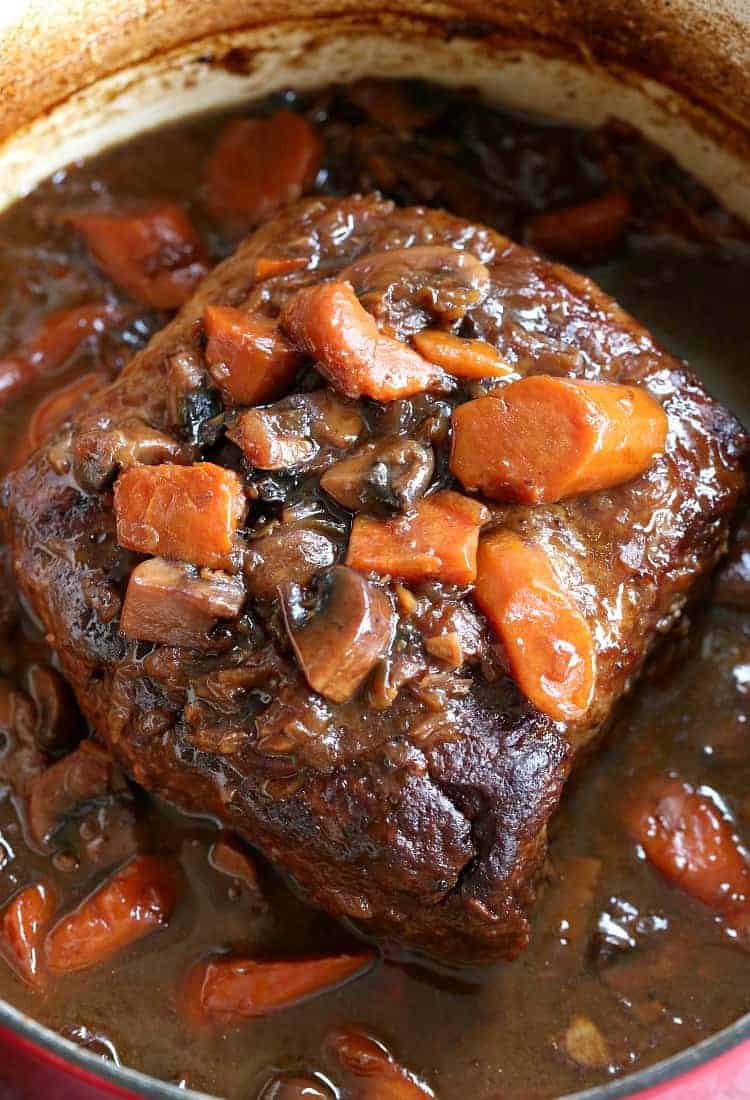 French Bistro Beef Stew cooked in a pot with gravy and vegetables