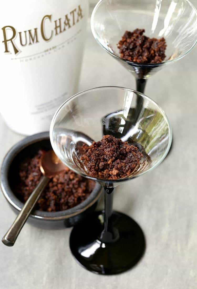 Mississippi Mud Pie Martini has a chocolate crust in the bottom of the glass, just like the pie