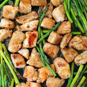 chicken and asparagus on a sheet pan