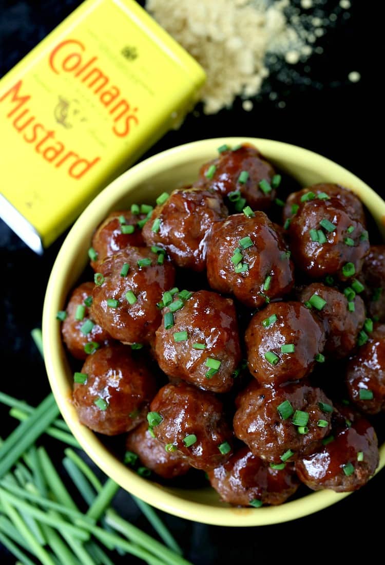 Mustard Glazed Cocktail Meatballs in yellow bowl