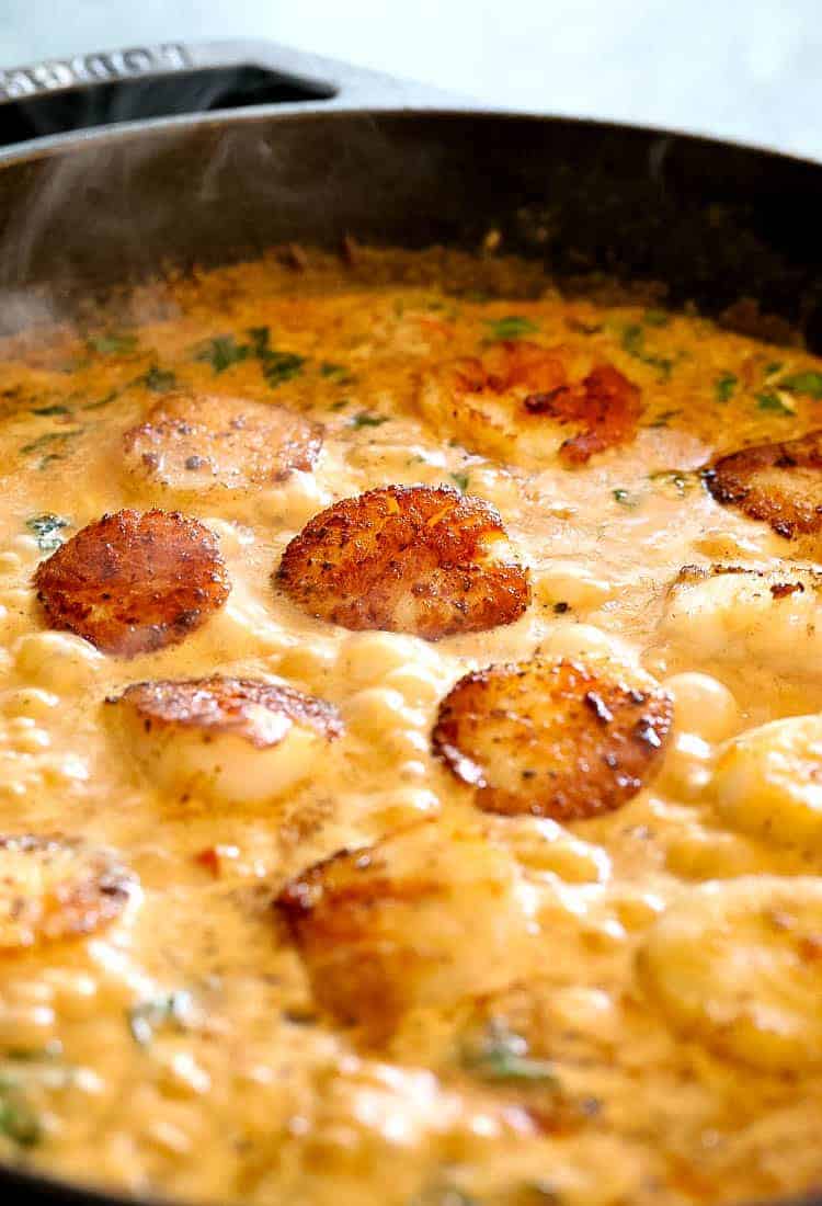 Creamy Tuscan Spaghetti with Jumbo Scallops is a seafood recipe with pasta in a creamy sauce with sun dried tomatoes