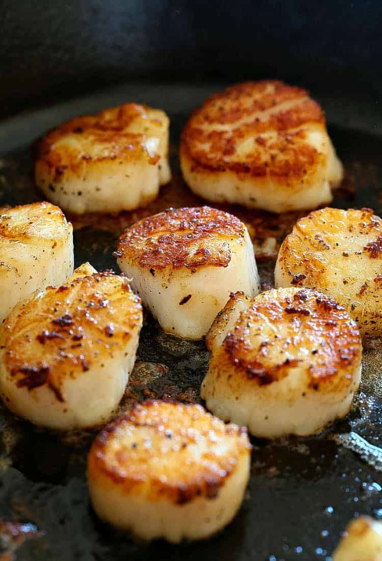 Creamy Tuscan Spaghetti with Jumbo Scallops starts by searing scallops in a skillet for just a few minutes on each side