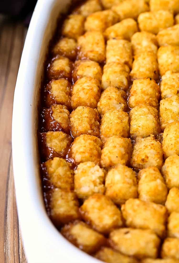Ground Beef Tater Tot Casserole has a tater tot crust and a beef filling to make an easy dinner casserole