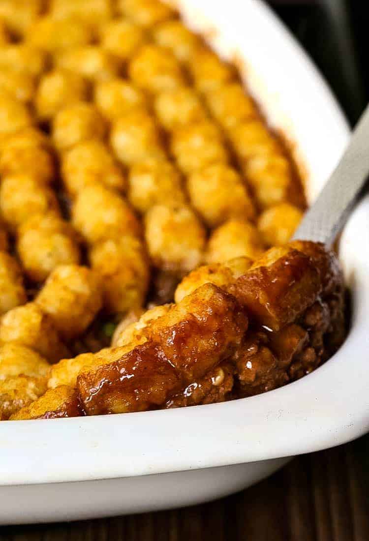 Ground Beef Tater Tot Casserole recipe is an easy beef casserole with gravy and tater tots