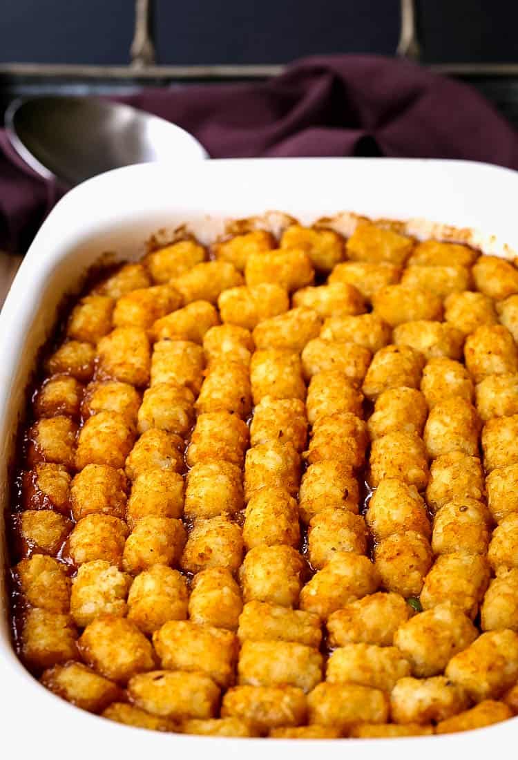 Ground Beef Tater Tot Casserole is a beef casserole recipe topped with crispy tater tots