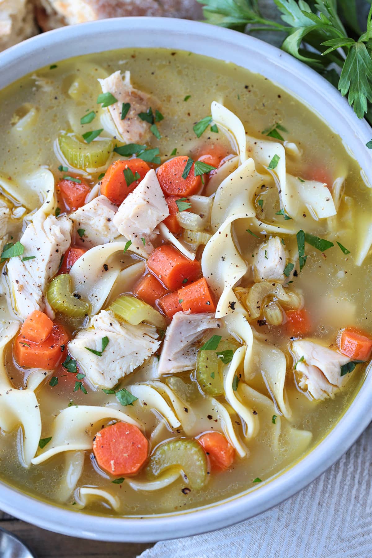 turkey and noodle soup in a bowl close up