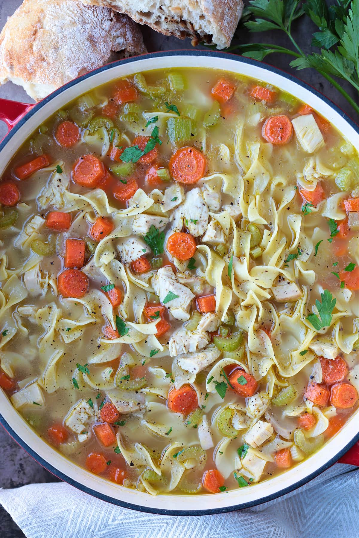 turkey soup with noodles in a soup pot