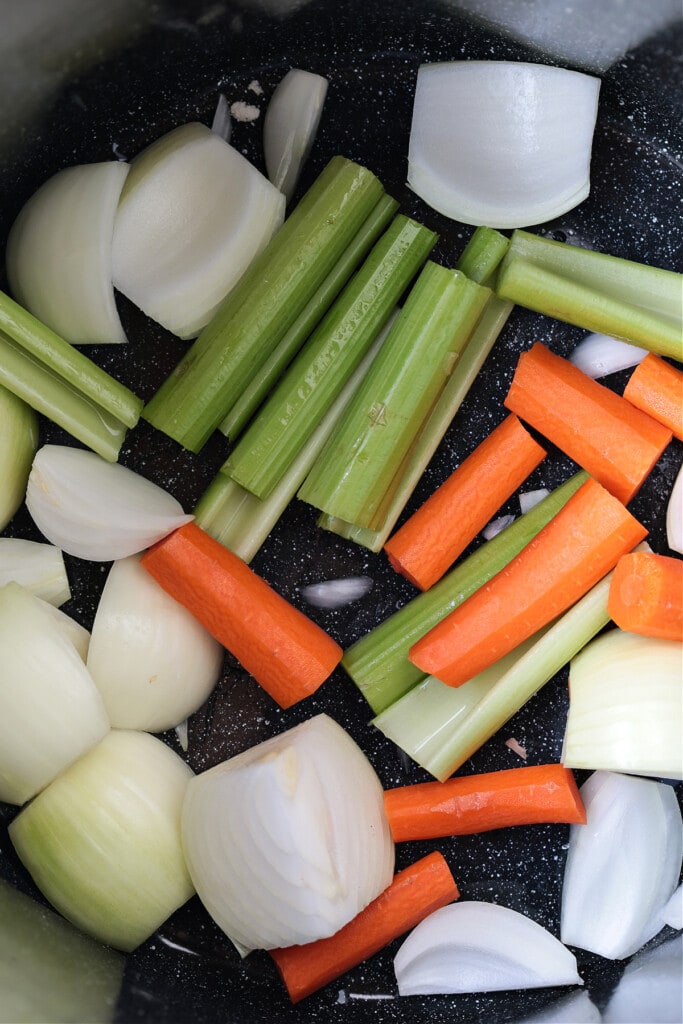 vegetables in a stock pot for making turkey stock
