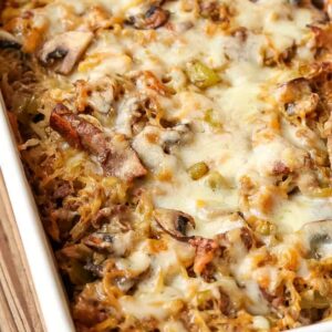 Philly Cheesesteak Spaghetti Squash Casserole is a low carb dinner recipe made with spaghetti squash instead of pasta