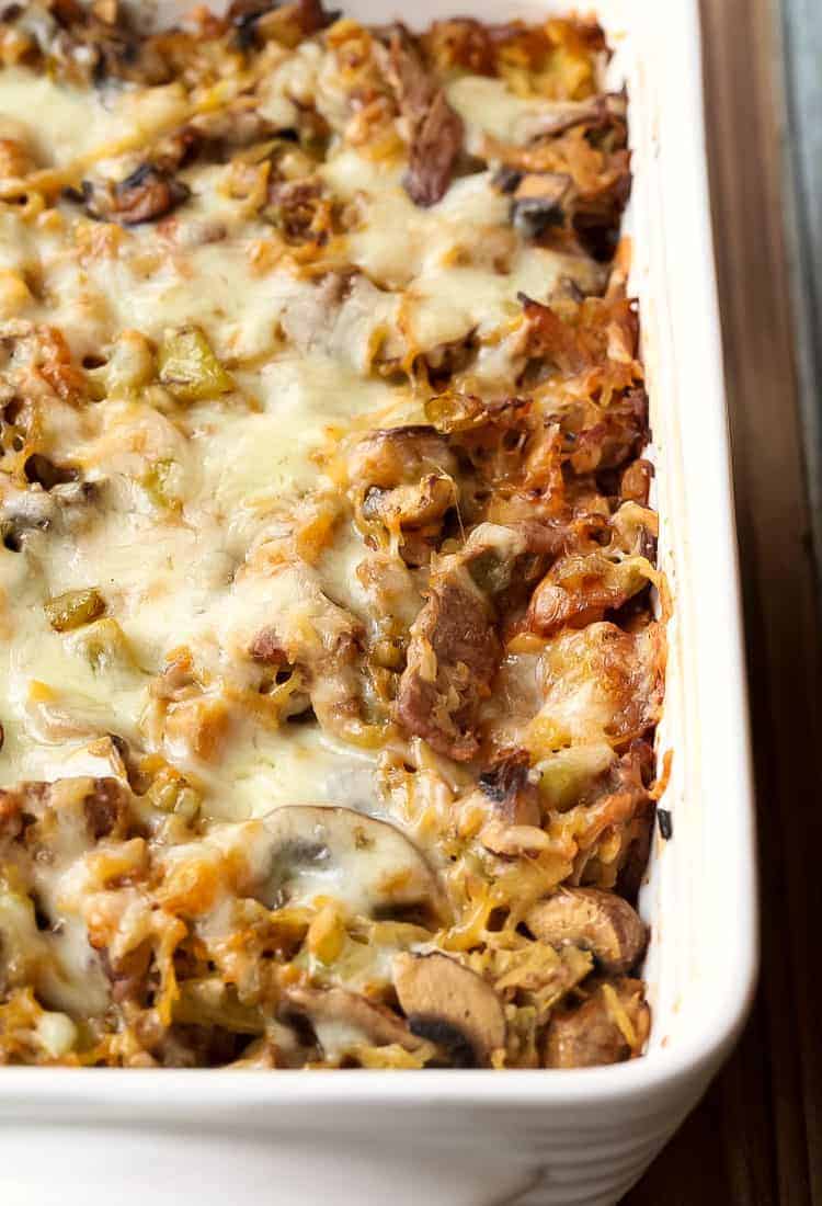 This Philly Cheesesteak Spaghetti Squash Casserole is an easy dinner recipe made with spaghetti squash, beef and cheese