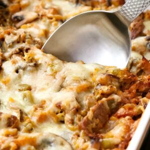 Philly Cheesesteak Spaghetti Squash Casserole is an easy beef casserole recipe that can be made ahead of time