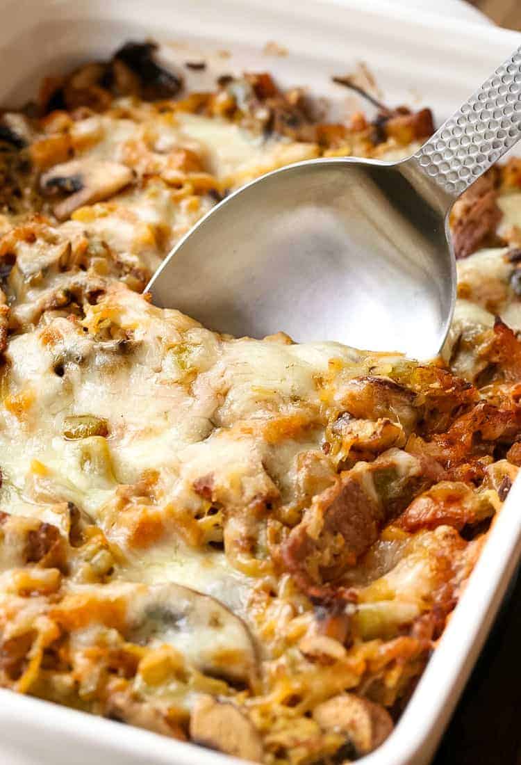 Philly Cheesesteak Spaghetti Squash Casserole is an easy beef casserole recipe that can be made ahead of time