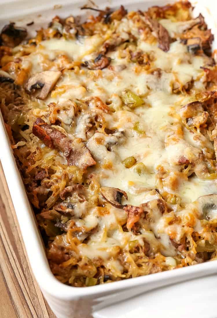 Philly Cheesesteak Spaghetti Squash Casserole is a low carb dinner recipe made with spaghetti squash instead of pasta