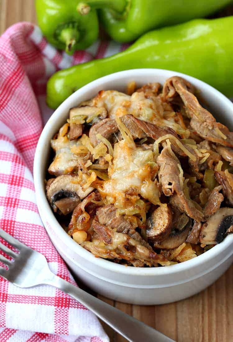 This Philly Cheesesteak Spaghetti Squash Casserole is an easy recipe for a low carb dinner