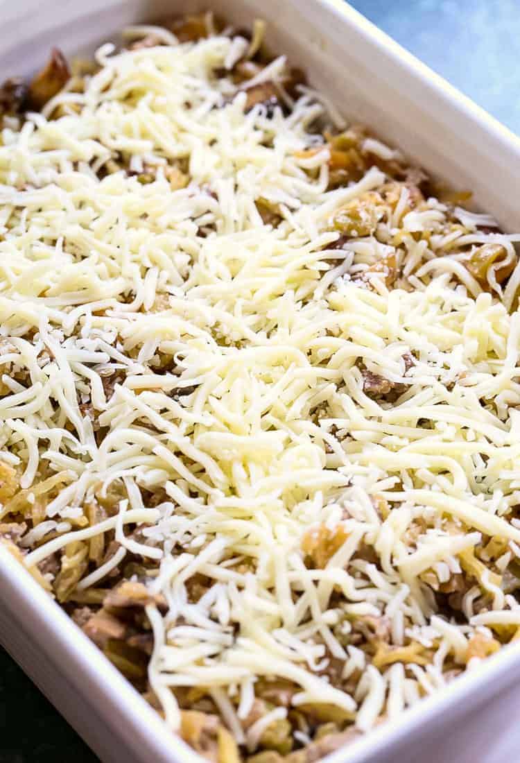 This Philly Cheesesteak Spaghetti Squash Casserole is an easy casserole recipe baked with mozzarella cheese on top