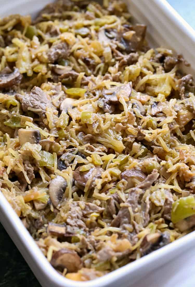 This Philly Cheesesteak Spaghetti Squash Casserole is an easy casserole recipe baked with spaghetti squash, beef and peppers