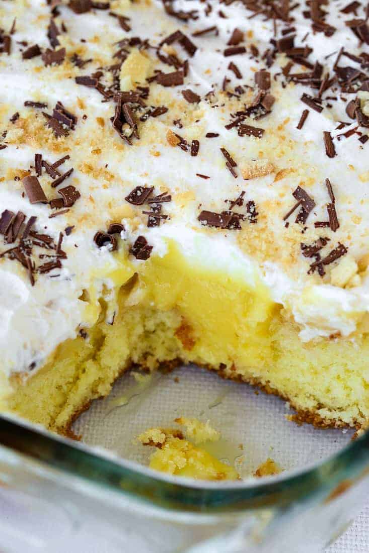 Banana Bourbon Poke Cake is a cake recipe that uses boxed cake and pudding