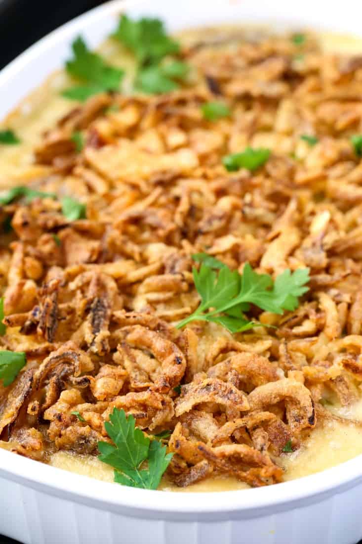 Creamy Green Bean Casserole is a side dish recipe topped with crunchy fried onions