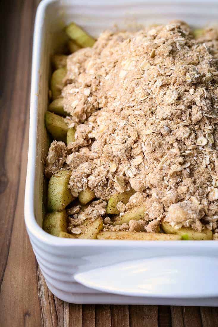 Easy Apple Crisp Recipe bakes in a baking dish for 40 minutes