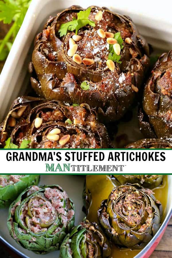 sausage stuffed artichoke recipe collage for pinterest