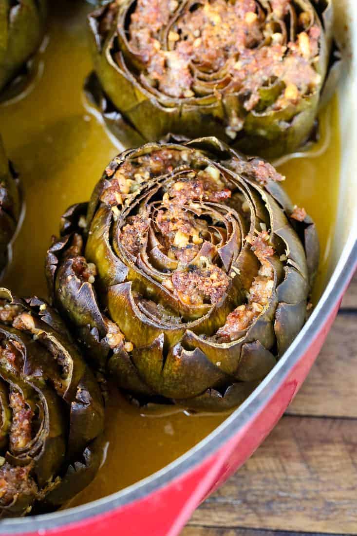 Grandma's Best Stuffed Artichokes are a side dish stuffed with sausage and cheese