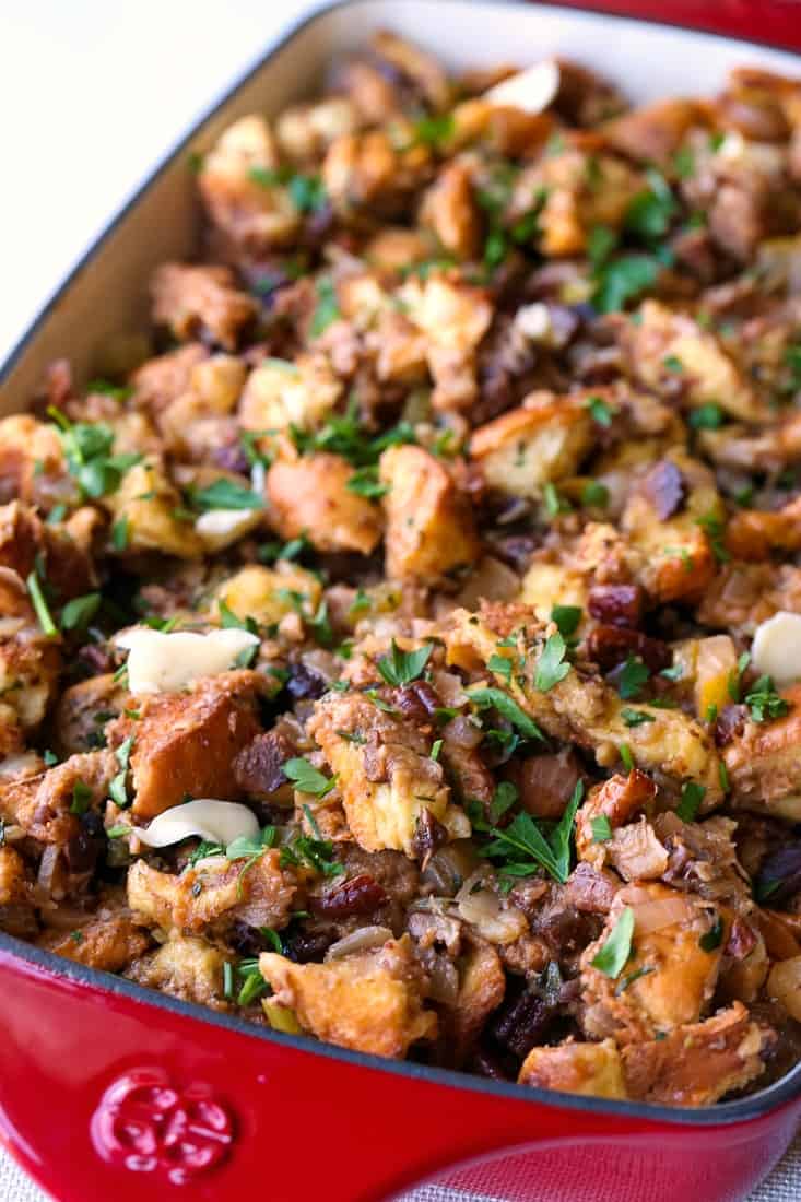 The Best Vegetarian Stuffing for your Thanksgiving dinner! Our recipe has figs, pears and crunchy pecans to make it extra delicious. Homemade Thanksgiving Stuffing Recipe