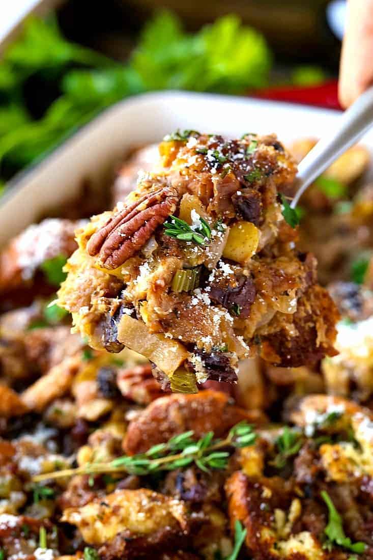 The Best Vegetarian Stuffing for your Thanksgiving dinner! Our recipe has figs, pears and crunchy pecans to make it extra delicious. Easy Homemade Stuffing Recipe