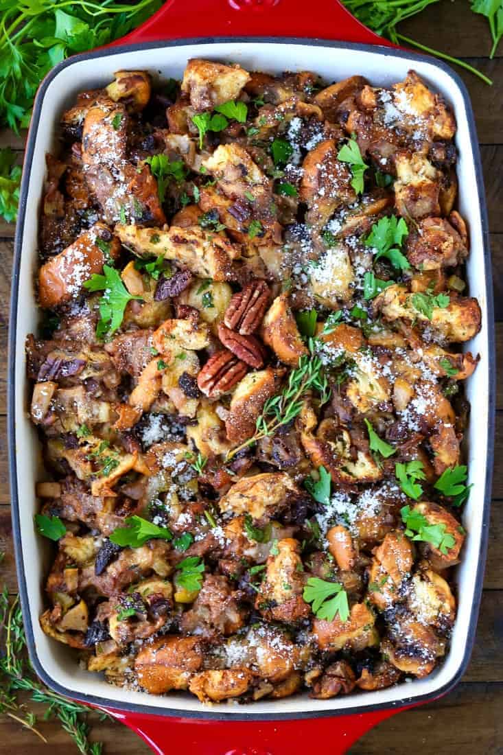 The Best Vegetarian Stuffing for your Thanksgiving dinner! Our recipe has figs, pears and crunchy pecans to make it extra delicious. Pecan, Fig and Pear Vegetarian Stuffing Recipe