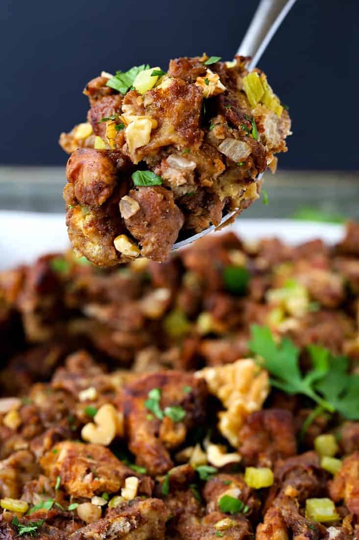 Waldorf Chicken Sausage Stuffing is a sausage stuffing recipe made with apples, walnuts and raisin bread