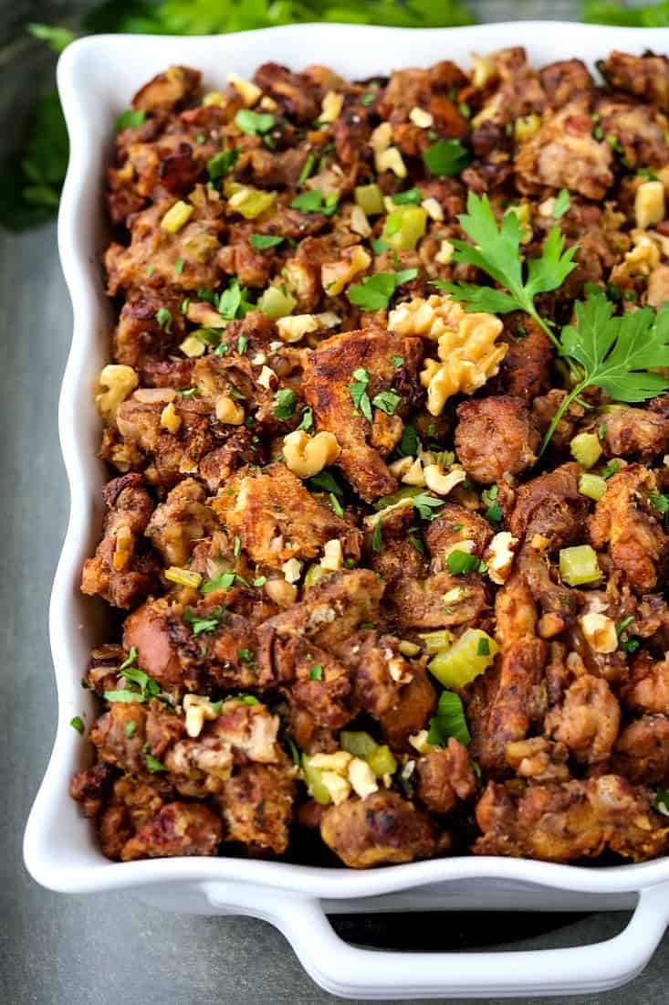 This Waldorf Stuffing recipe is sweet, savory and insanely delicious! A unique stuffing made with chicken sausage, walnuts and raisin bread! Easy Sausage Stuffing Recipe