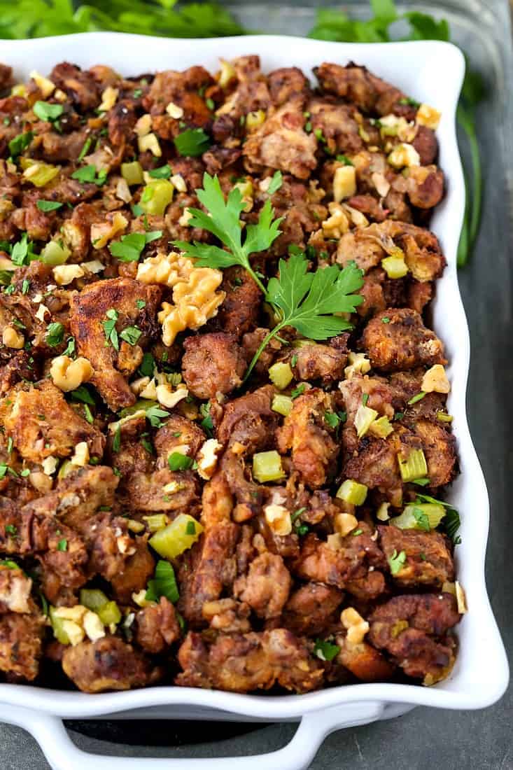 This Waldorf Stuffing recipe is sweet, savory and insanely delicious! A unique stuffing made with chicken sausage, walnuts and raisin bread! Easy Chicken Sausage Stuffing Recipe