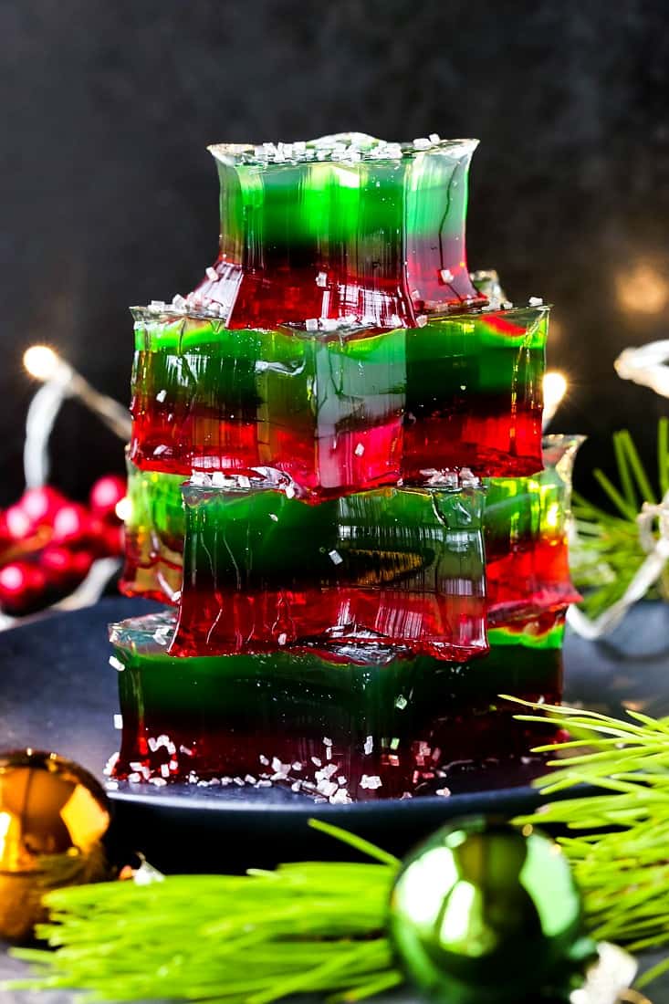 Champagne Jello Shots are a jello shot recipe with red, green and a clear champagne layer
