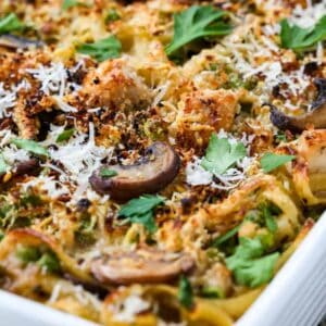 Leftover Turkey Tetrazzini is a leftover turkey recipe baked with pasta, mushrooms and peas