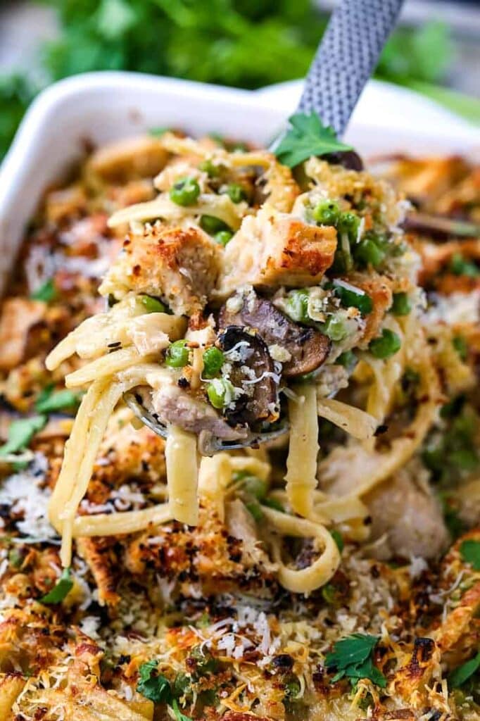 Leftover Turkey Tetrazzini is a leftover turkey recipe baked into a pasta casserole
