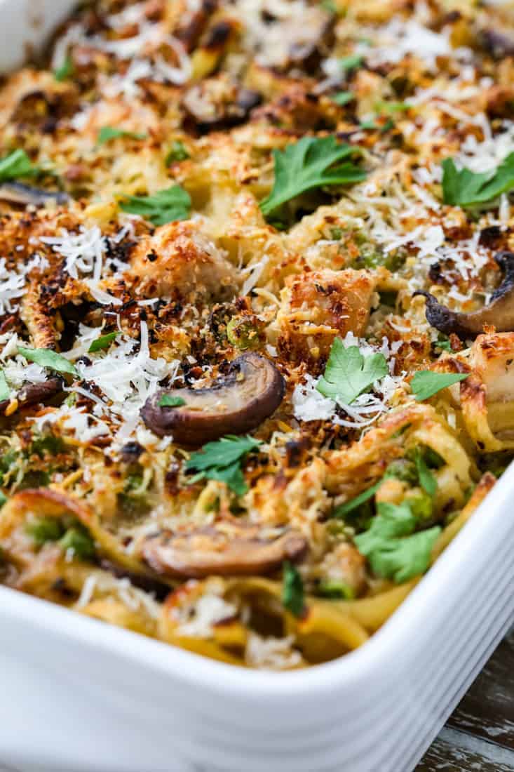 Turkey Tetrazzini is a leftover turkey recipe baked with pasta, mushrooms and peas