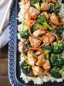 Chicken and Broccoli recipe on a platter with chopsticks