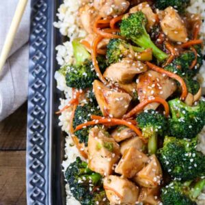 Chicken and Broccoli recipe on a platter with chopsticks