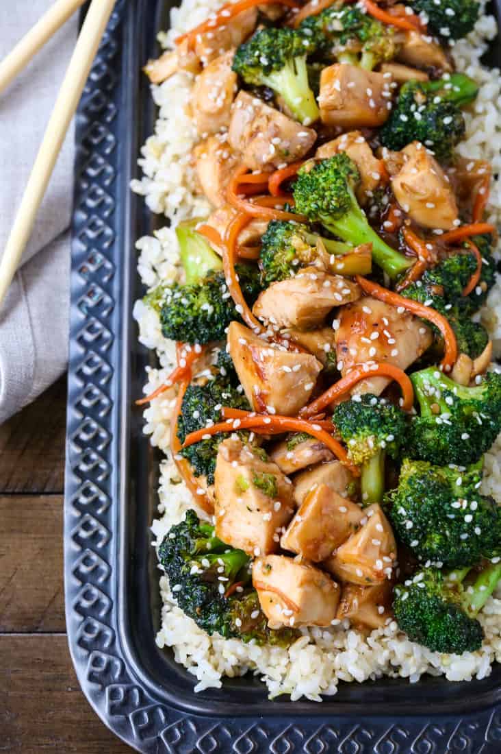 Chicken and Broccoli recipe on a platter with chopsticks