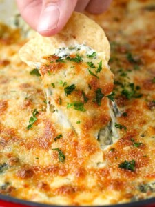 Spinach Artichoke Dip is a baked spinach dip with three kinds of cheese