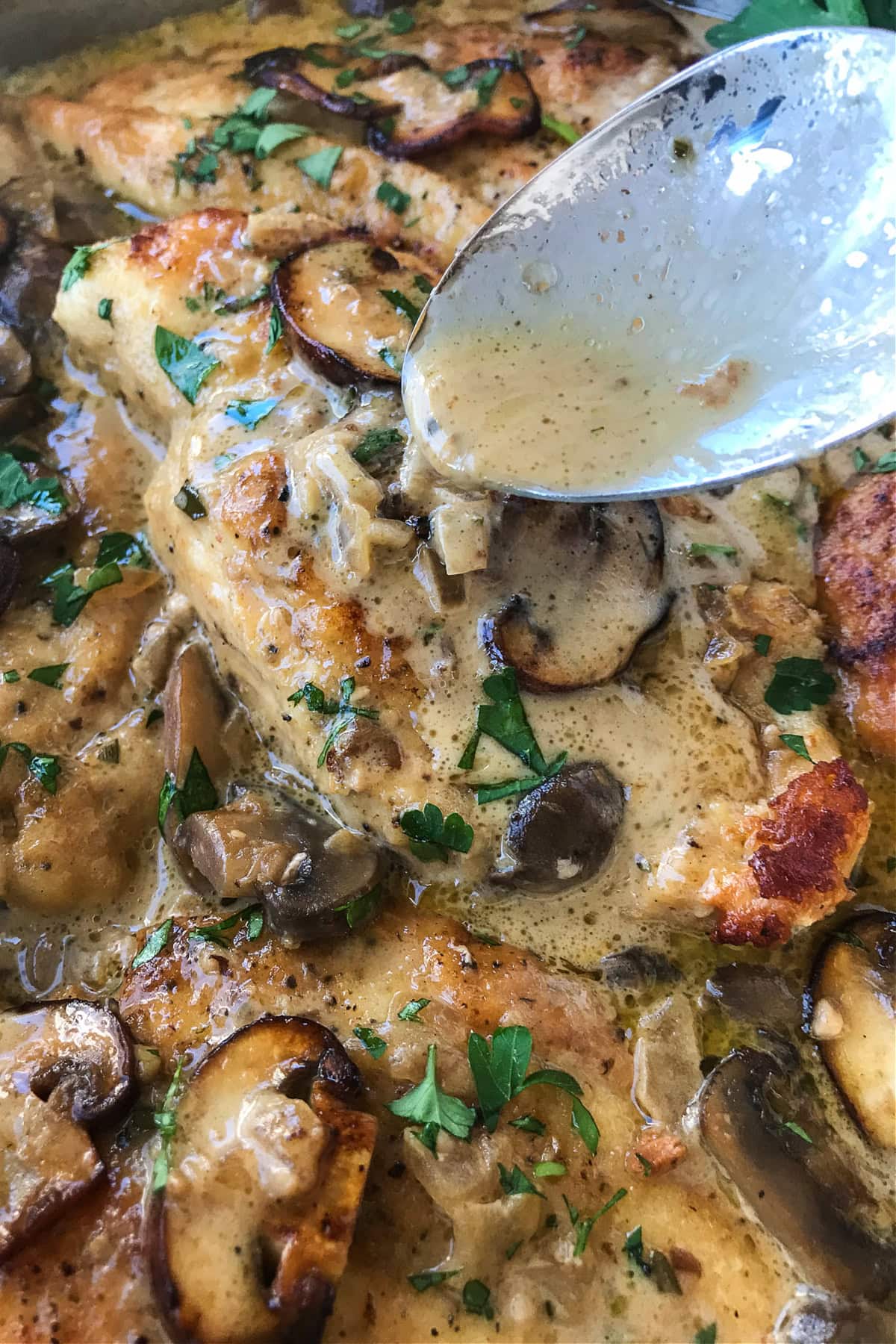 spoon pouring sauce over chicken breast with mushrooms