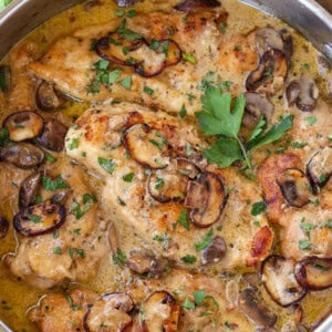 chicken marsala in a skillet from the top