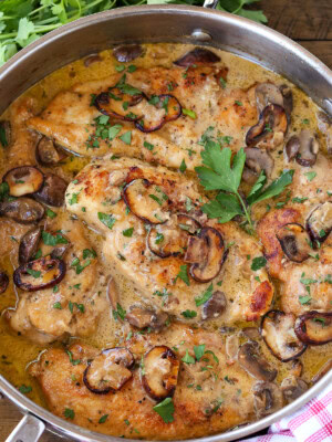 chicken marsala in a skillet from the top