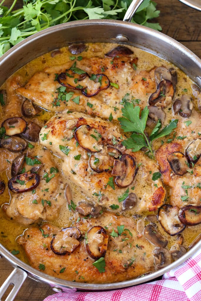 chicken marsala in a skillet from the top