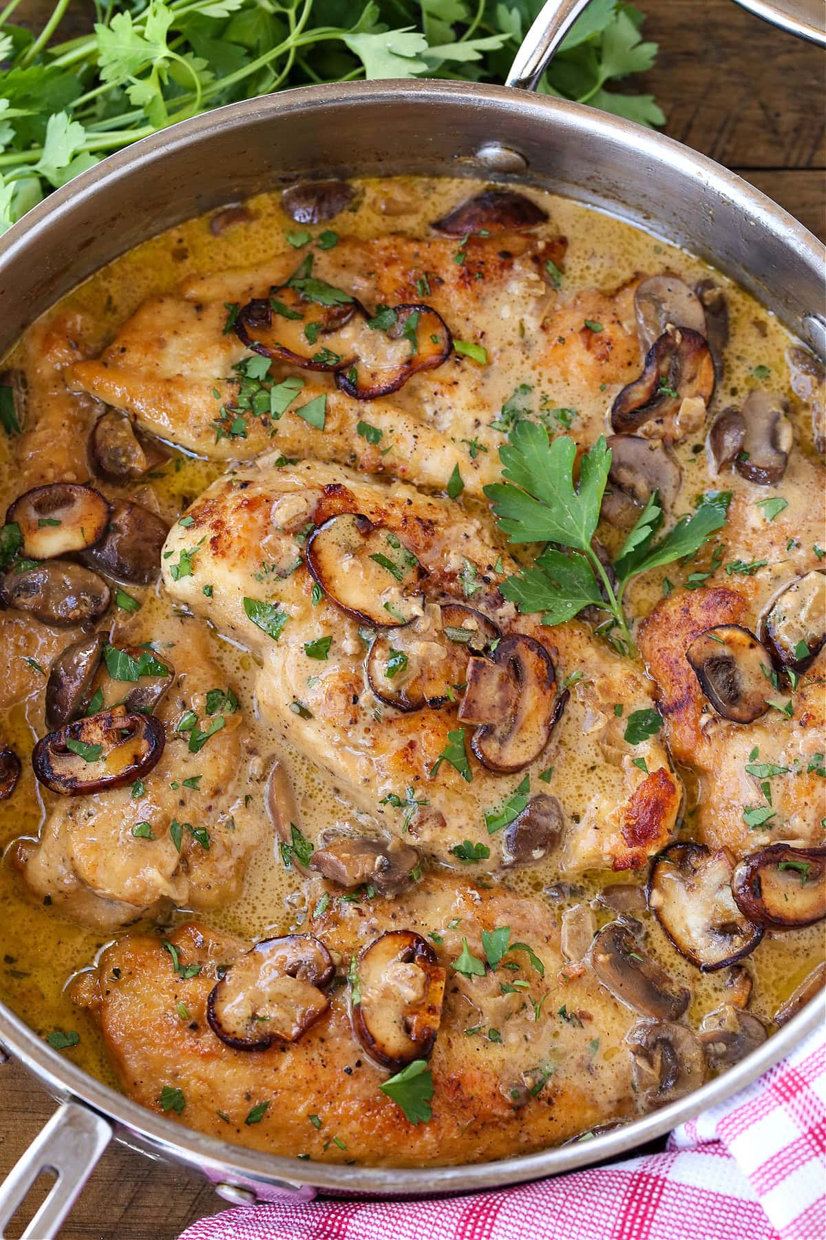 chicken marsala in a skillet from the top