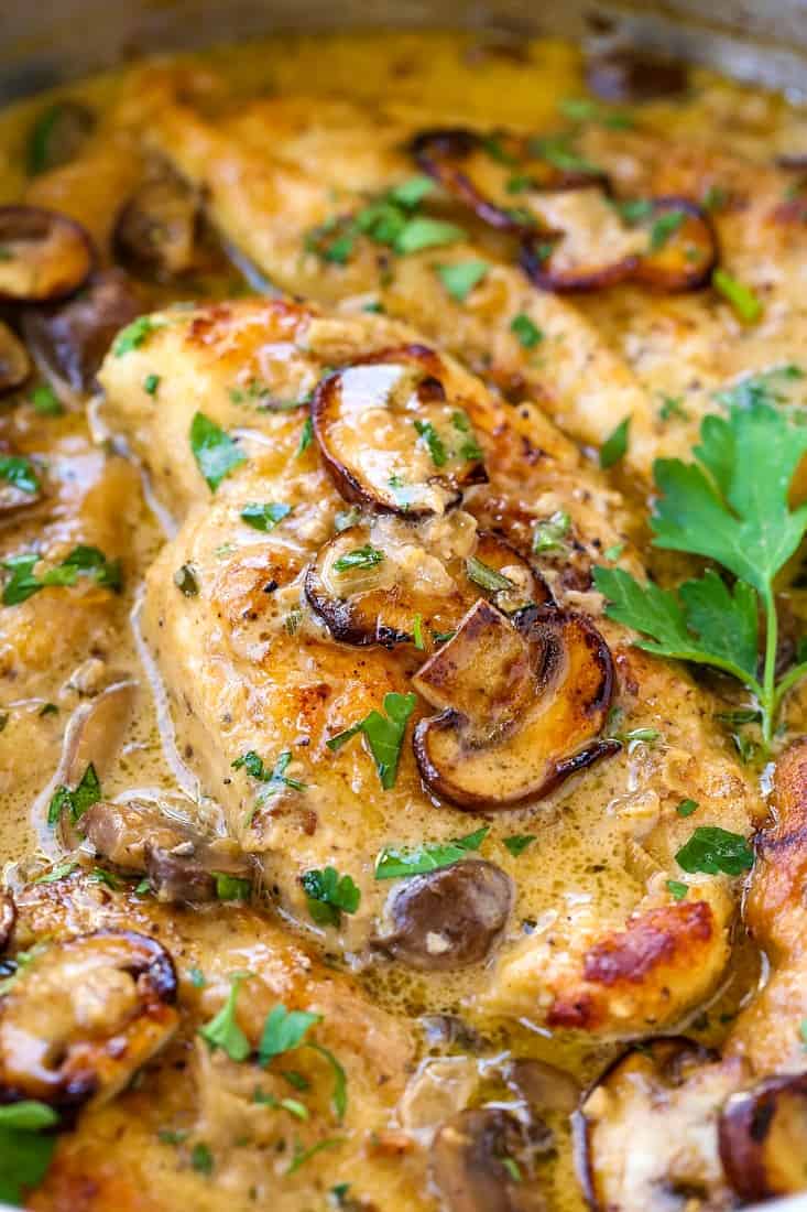 A close up of creamy chicken Marsala with mushrooms and parsley