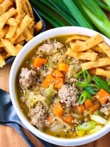 Pork Egg Roll Soup is soup that tastes like an egg roll without the shell