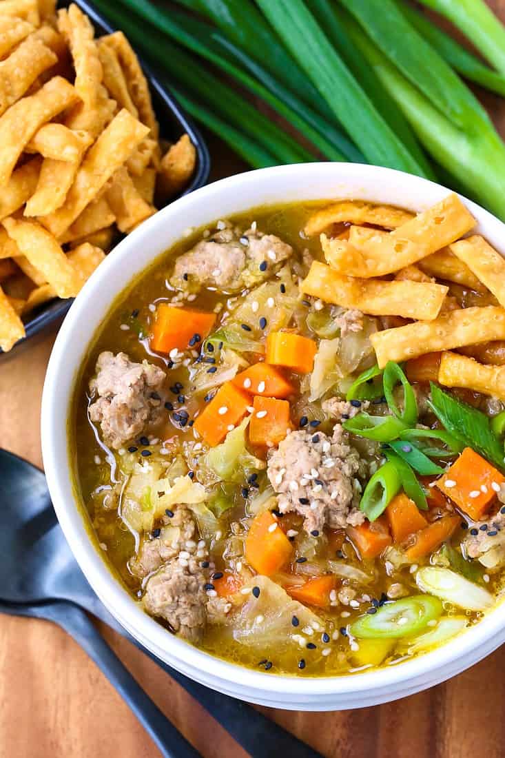Pork Egg Roll Soup is soup that tastes like an egg roll without the shell
