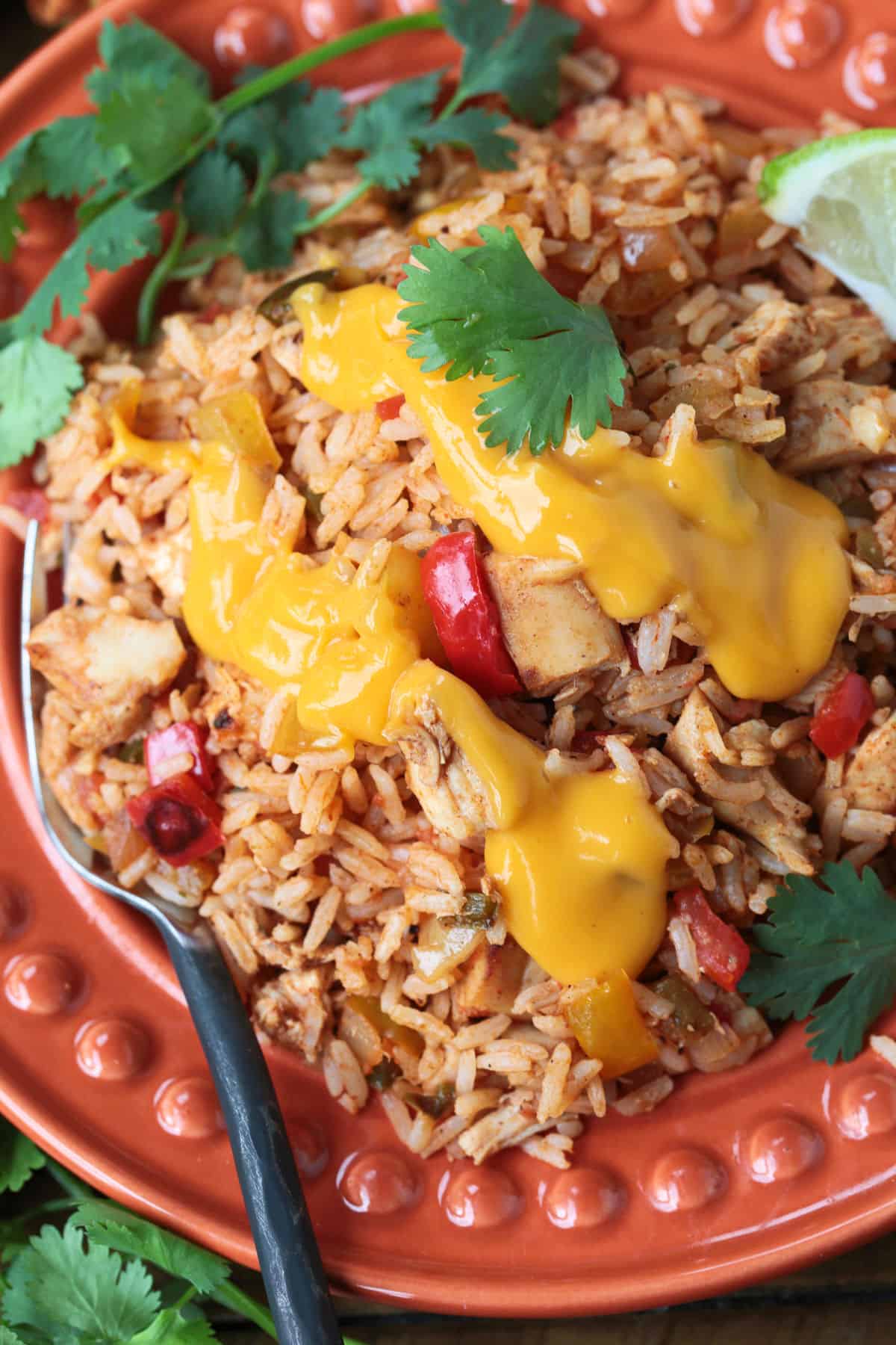 Chicken Fajita Rice is packed with charred vegetables, tender chicken and seasoned rice. Ideal for busy nights, ready in less than 30 minutes! chicken fajita rice on plate with queso and fork