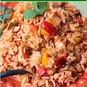 chicken fajita rice recipe with text overlay for pinterest